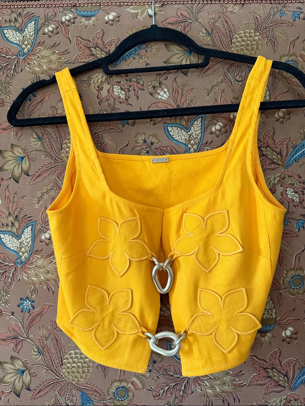 cult gaia Yellow Floral-Embroidered Annie Crop Top with Gold Links - Picture 3 of 5